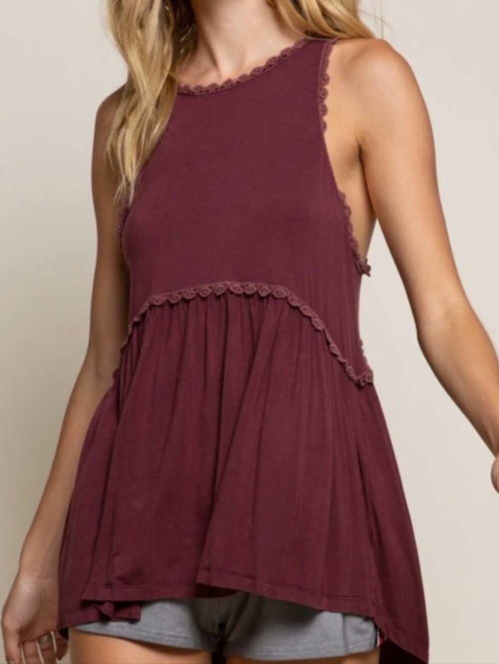 POL Flowy Babydoll Tank Top Tunic, Lacey Trim, Hi-Lo Cut, Size M